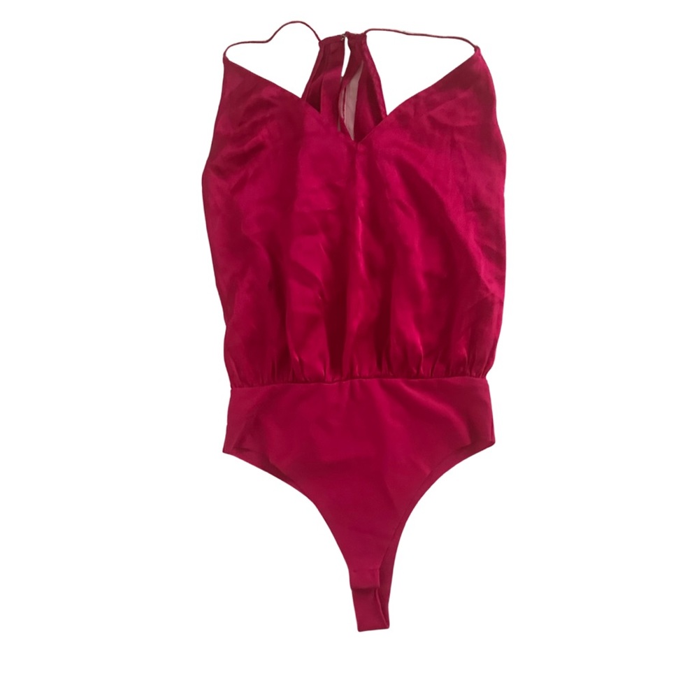 Fucsia Pink Satin Halter Bodysuit – Blouson Top, Thong Cut